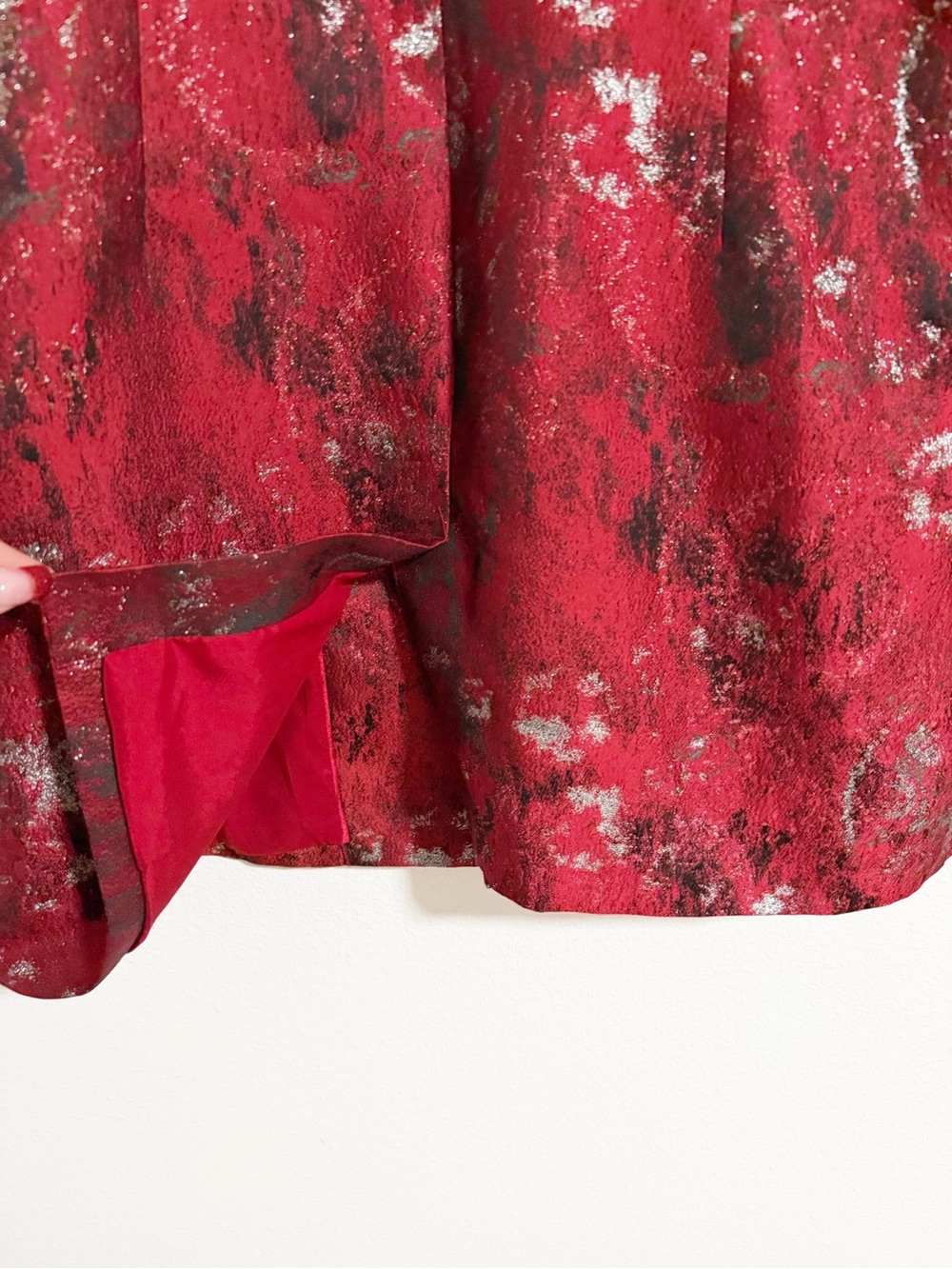 Chicos Metallic Jacquard Topper Overcoat Red Size 16 - Picture 9 of 12